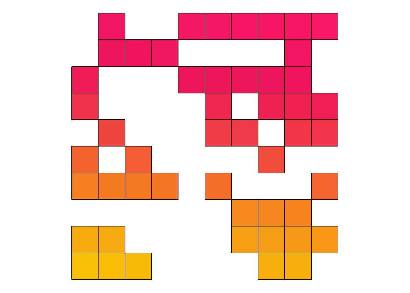 A scattered arrangement of colored squares showing the same color gradient as the previous grid, but with an irregular, fragmented pattern. The squares are distributed across the canvas in various cluster sizes, maintaining the color progression from bright magenta at the top to golden yellow at the bottom, but with gaps and asymmetrical groupings creating a more organic, broken-up appearance.