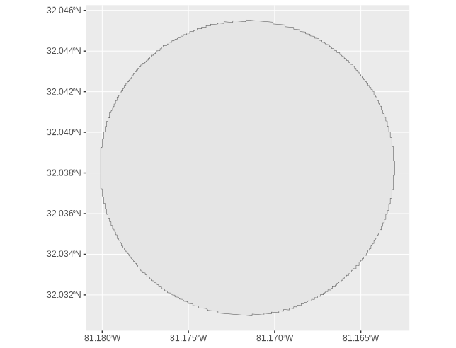 A ggplot of a circular boundary on a basic map graph.