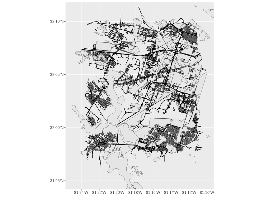 A simple map of Savannah, Georgia's (US) roads, landmarks, and other land use areas within a specified bounding box.