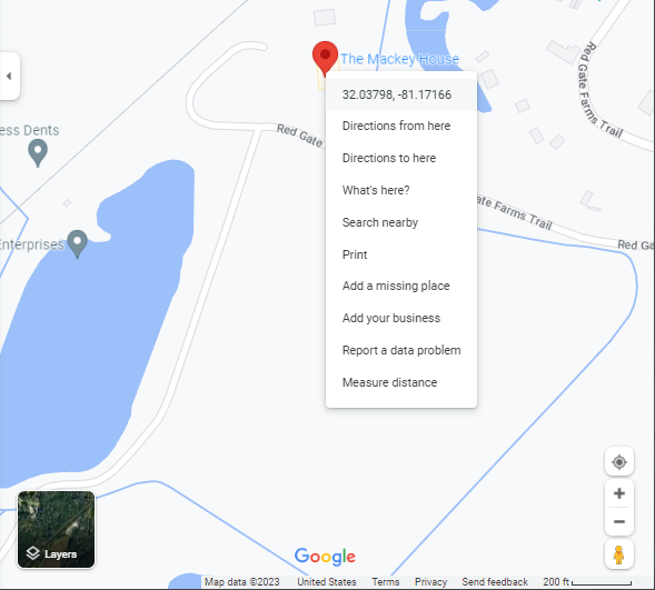 A screenshot from Google Maps showing how right-clicking on a point of the map will provide latitude and longitude point that can be copied to your clipboard. The map is centered on the Mackey House in Savannah, Georgia, in the United States.